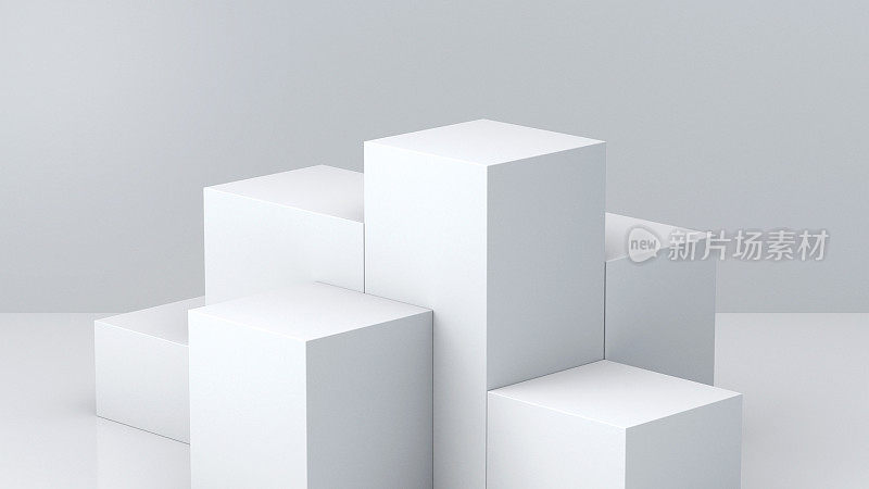 白色立方体盒子与白色空白墙背景显示。3 d渲染。